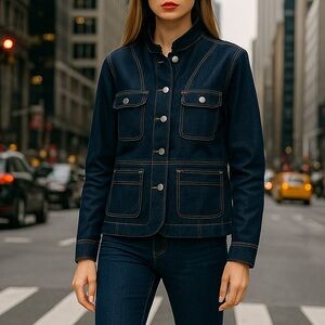 Anatomie Dark Blue Jean Jacket With Tan Stitching Size M Stretchy Chic Fall